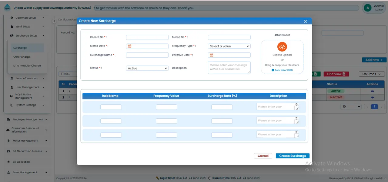 Create New Surcharge স্ক্রিন