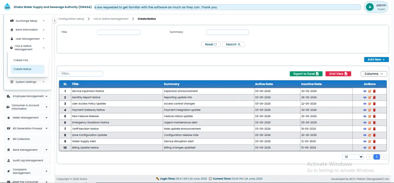 FAQ / Notice Management - Notice স্ক্রিন