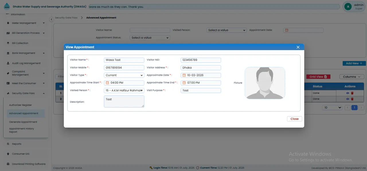 Advanced Appointment স্ক্রিন