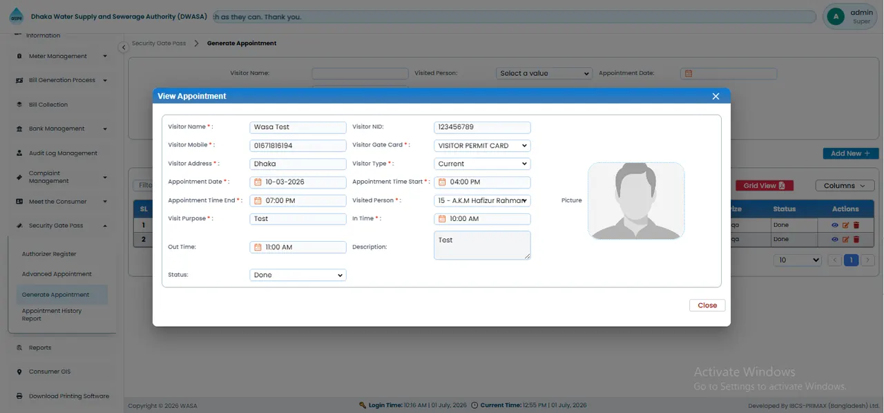 Generate Appointment স্ক্রিন