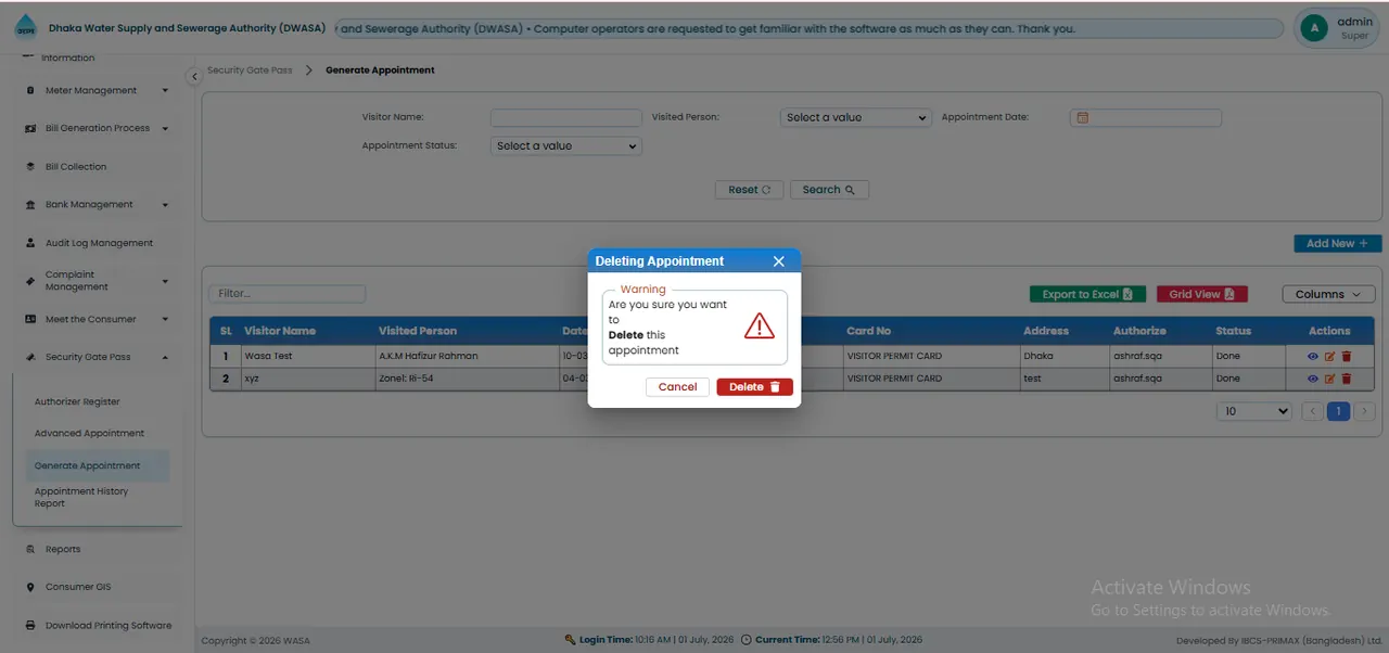 Generate Appointment স্ক্রিন
